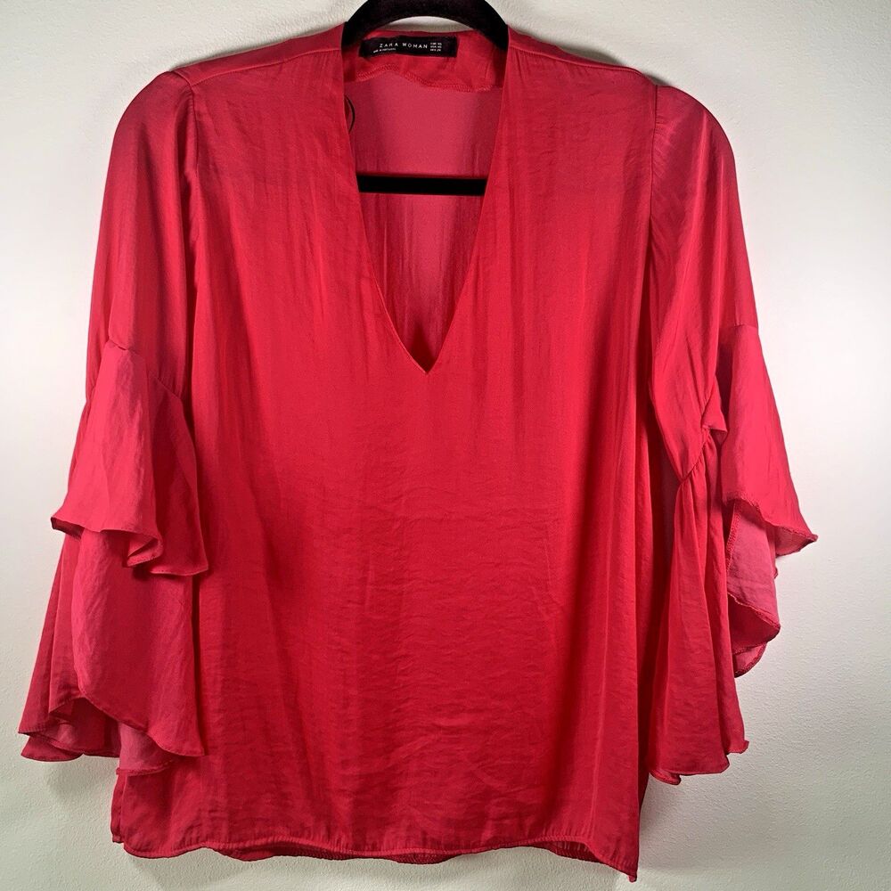 Zara Women's Ruffle V-Neck Blouse XS Hot Pink